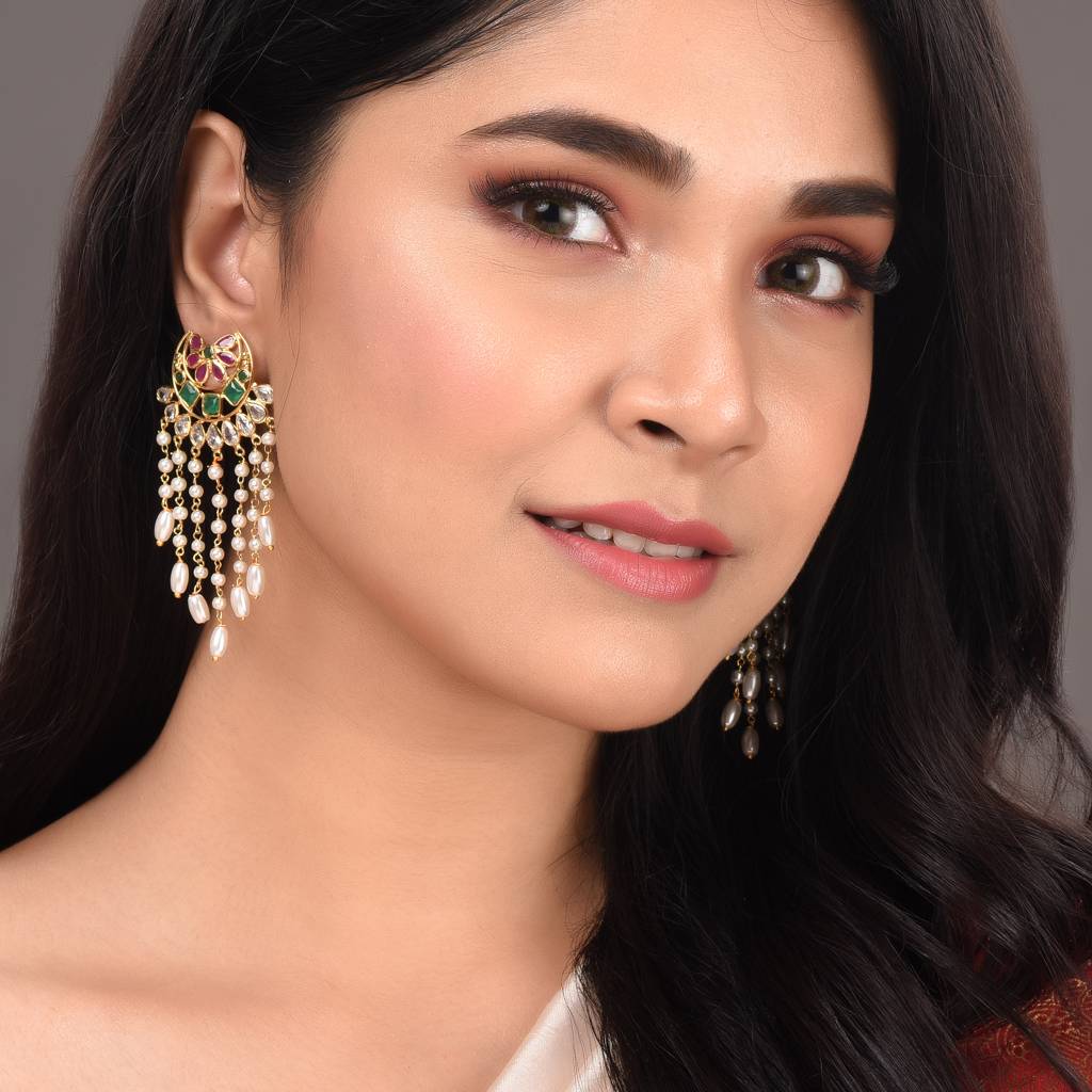 Gold Plated Red & Green Ad Studded Crescent Shaped Long Pearls Drop Earrings : SJER1388