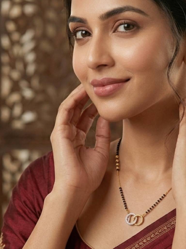 Gold Plated Ad & Cz Studded With Gold & Black Beads Mangalsutra Necklace : VI26MSAD100008