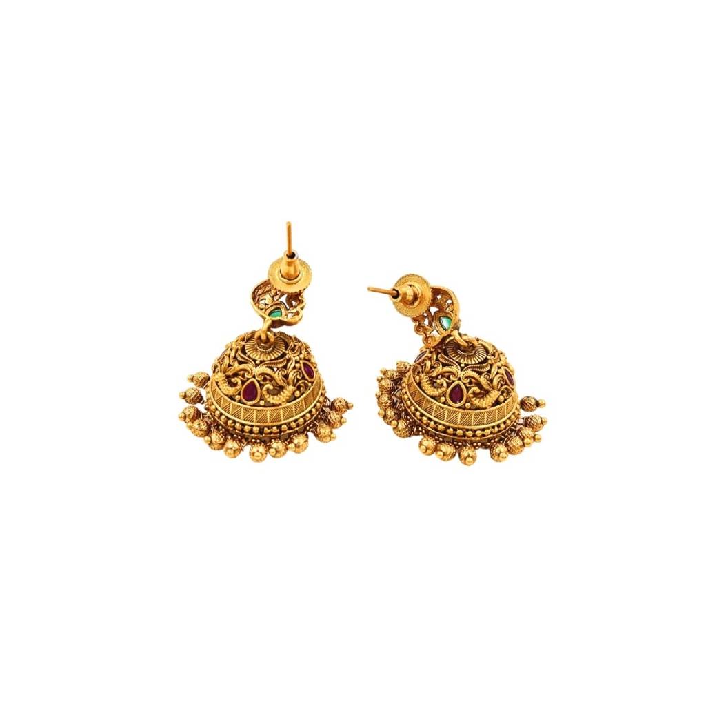 Elegant South Indian Antique Temple Jhumka Earrings With Ruby Stone Accents : R-1301