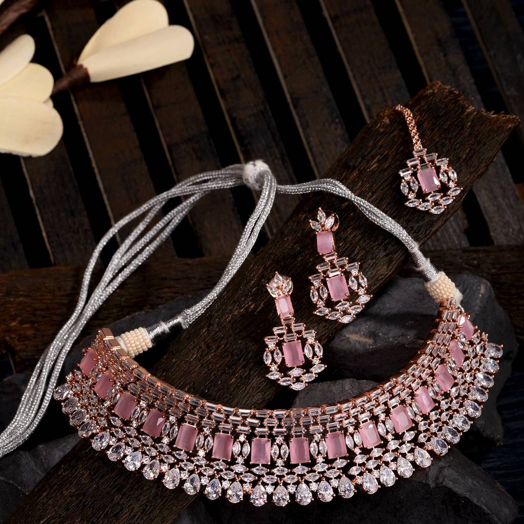 Rose Gold Plated Pink & White Ad Studded Choker With Earrings &Maang Tika Jewellery Set : SJNK1390