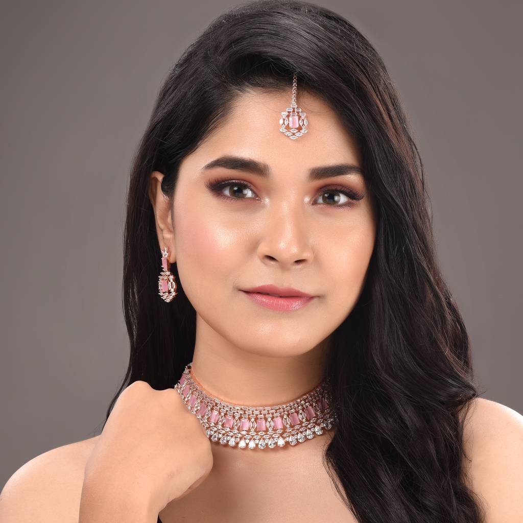 Rose Gold Plated Pink & White Ad Studded Choker With Earrings &Maang Tika Jewellery Set : SJNK1390