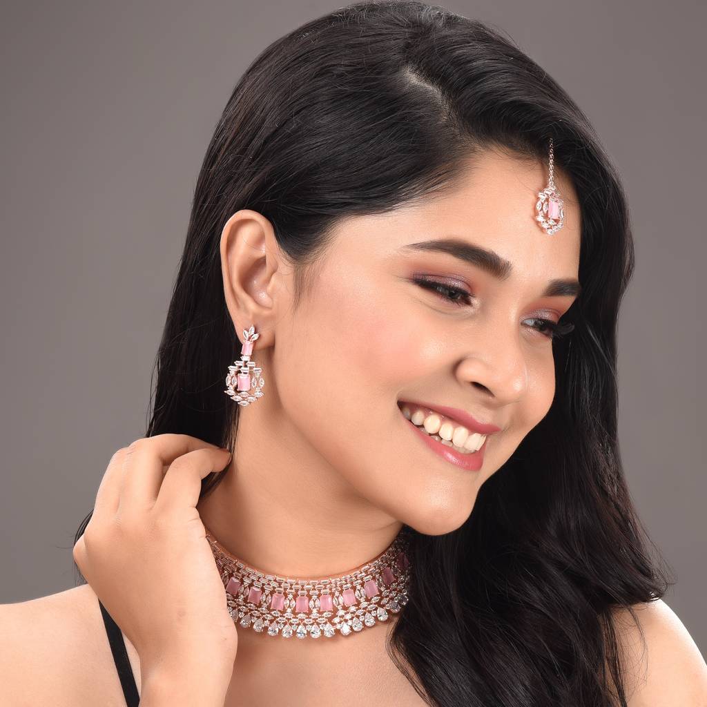 Rose Gold Plated Pink & White Ad Studded Choker With Earrings &Maang Tika Jewellery Set : SJNK1390