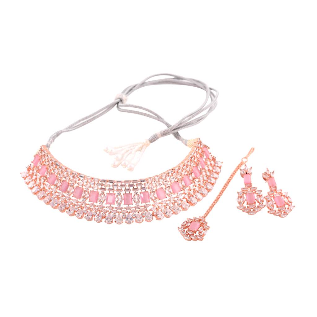 Rose Gold Plated Pink & White Ad Studded Choker With Earrings &Maang Tika Jewellery Set : SJNK1390