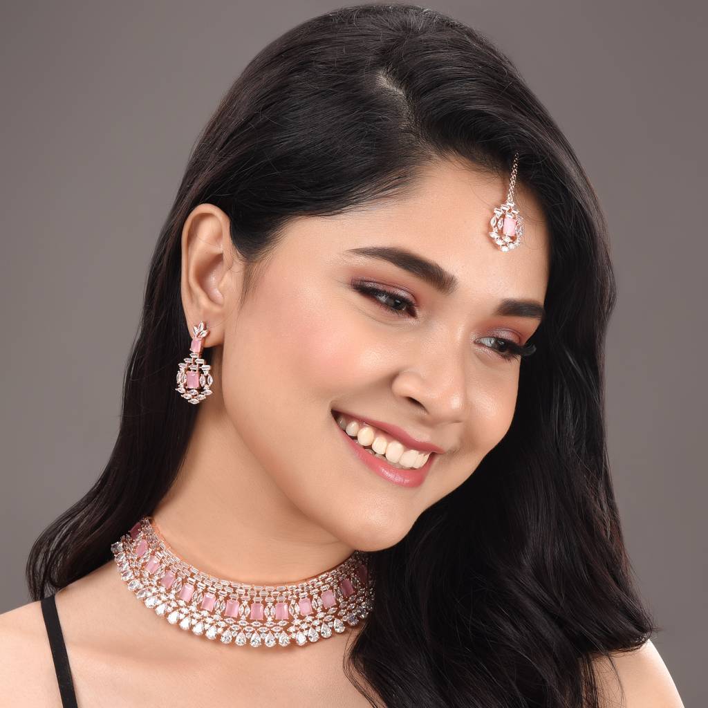Rose Gold Plated Pink & White Ad Studded Choker With Earrings &Maang Tika Jewellery Set : SJNK1390