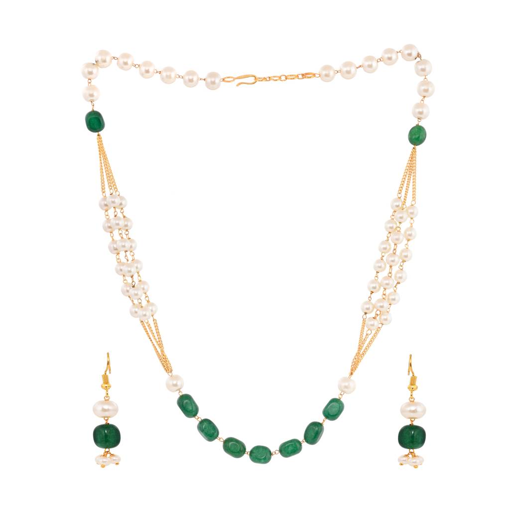 Gold Toned Multi Layered White & Green Pearls Beaded Mala Jewellery Set With Earrings : SJNK1392