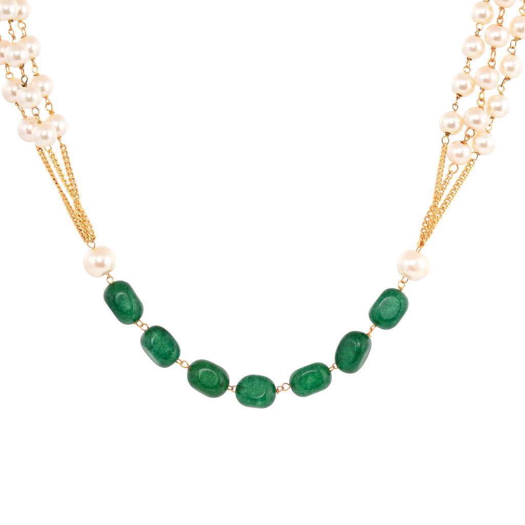 Gold Toned Multi Layered White & Green Pearls Beaded Mala Jewellery Set With Earrings : SJNK1392