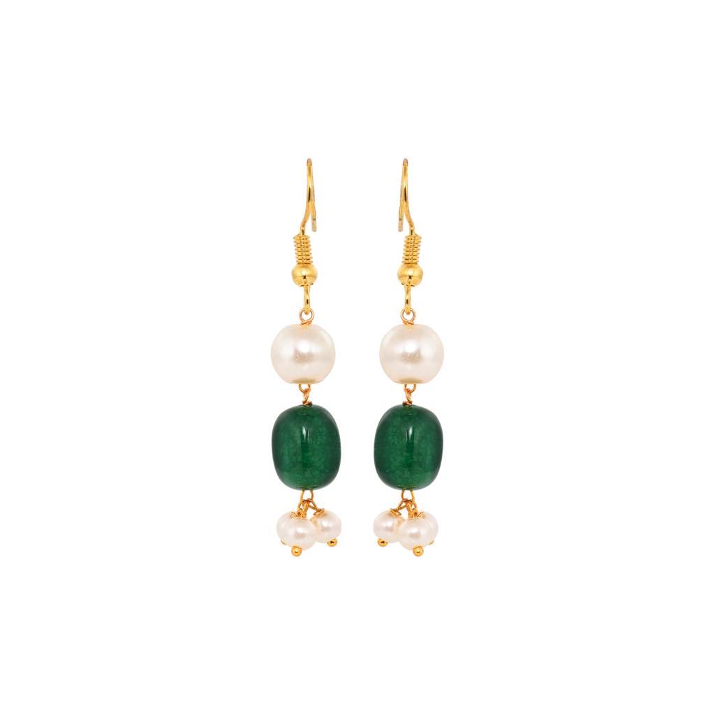 Gold Toned Multi Layered White & Green Pearls Beaded Mala Jewellery Set With Earrings : SJNK1392