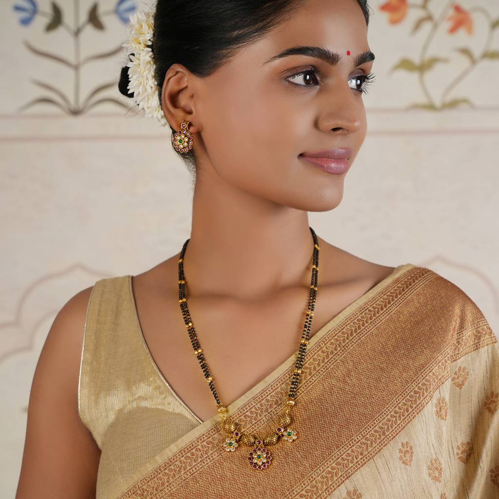 Long Antique Gold Stone Beautiful Mangalsutra Set : SJ101