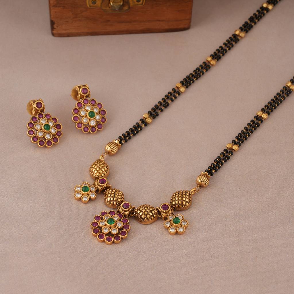Long Antique Gold Stone Beautiful Mangalsutra Set : SJ101