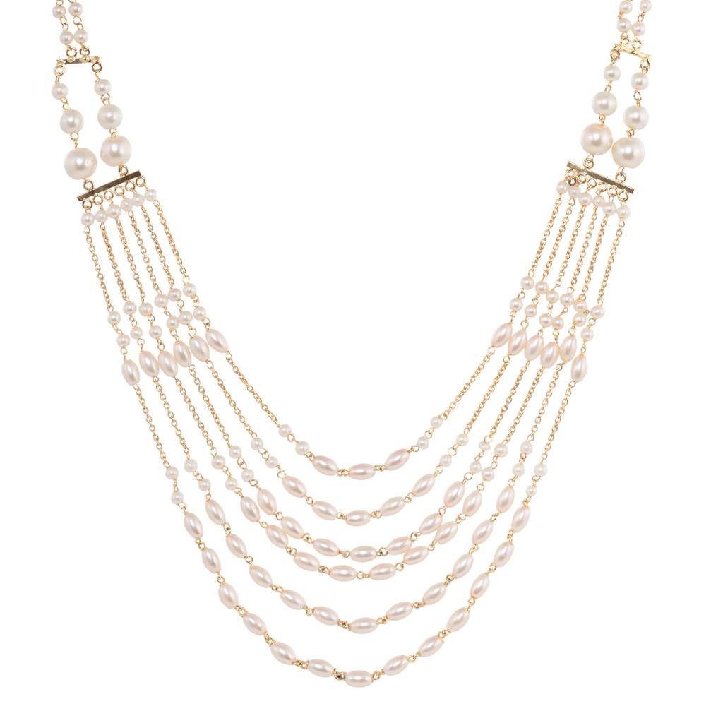 White Pearls Multi Layered Elegant Mala Jewellery Set With Dropdown Earrings : SJNK1393
