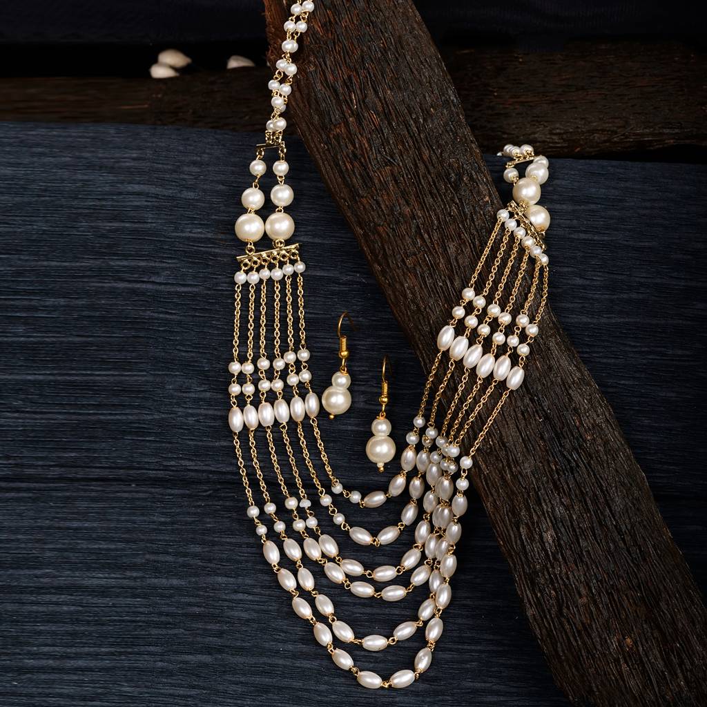 White Pearls Multi Layered Elegant Mala Jewellery Set With Dropdown Earrings : SJNK1393