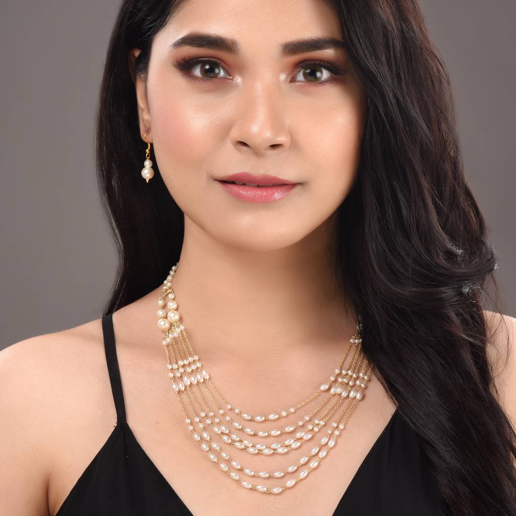 White Pearls Multi Layered Elegant Mala Jewellery Set With Dropdown Earrings : SJNK1393