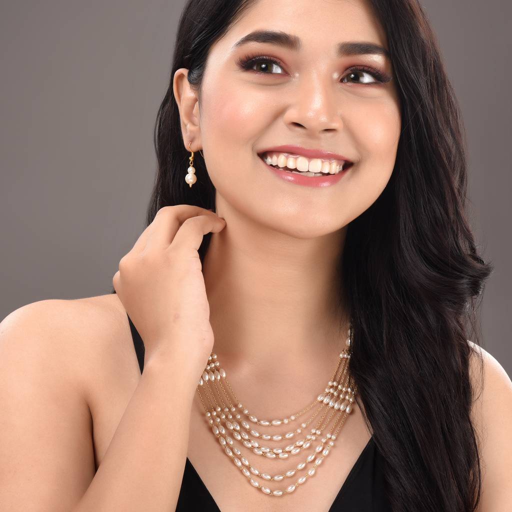 White Pearls Multi Layered Elegant Mala Jewellery Set With Dropdown Earrings : SJNK1393