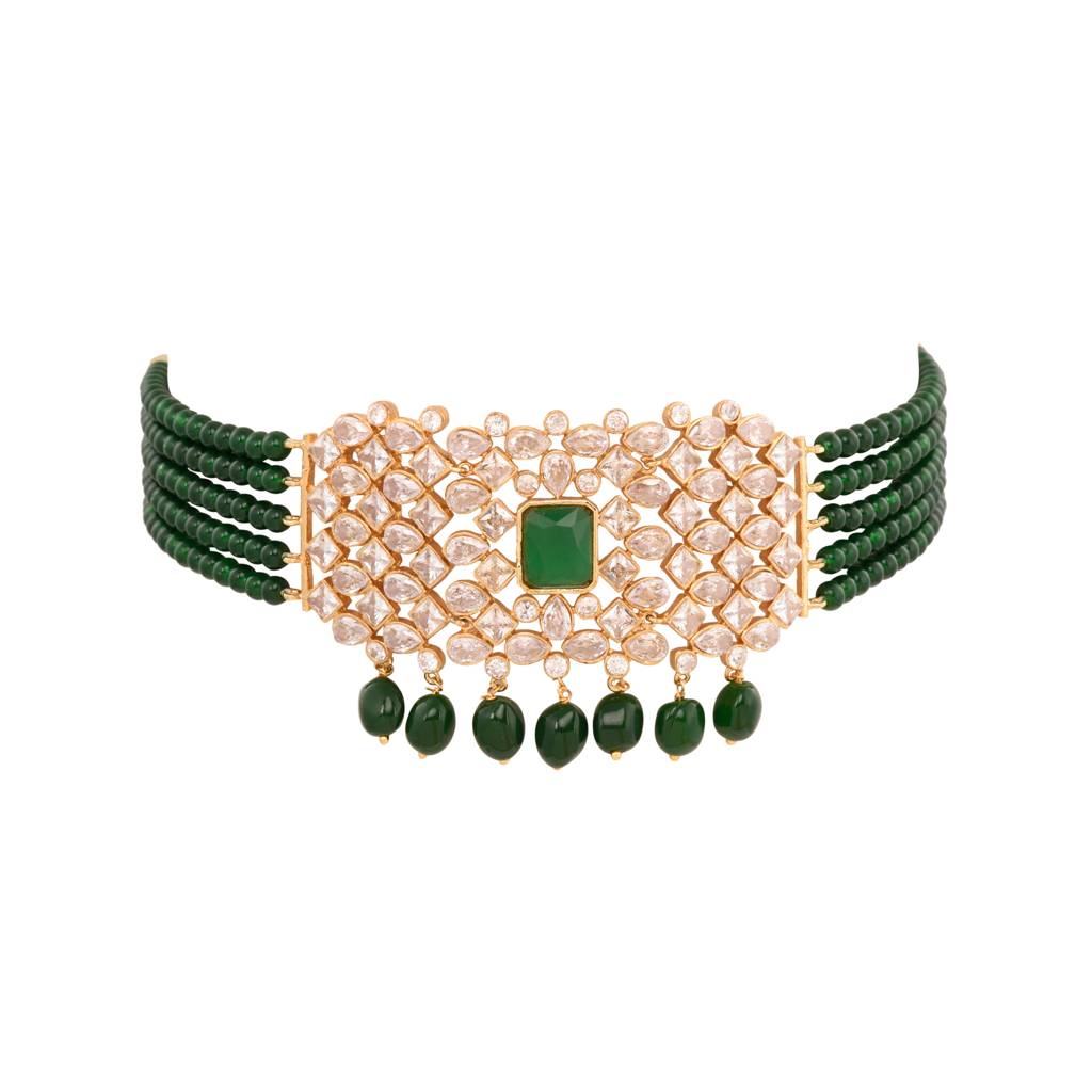 Gold Plated White Polki With Green Beads Traditional Choker Jewellery Set : SJNK1394