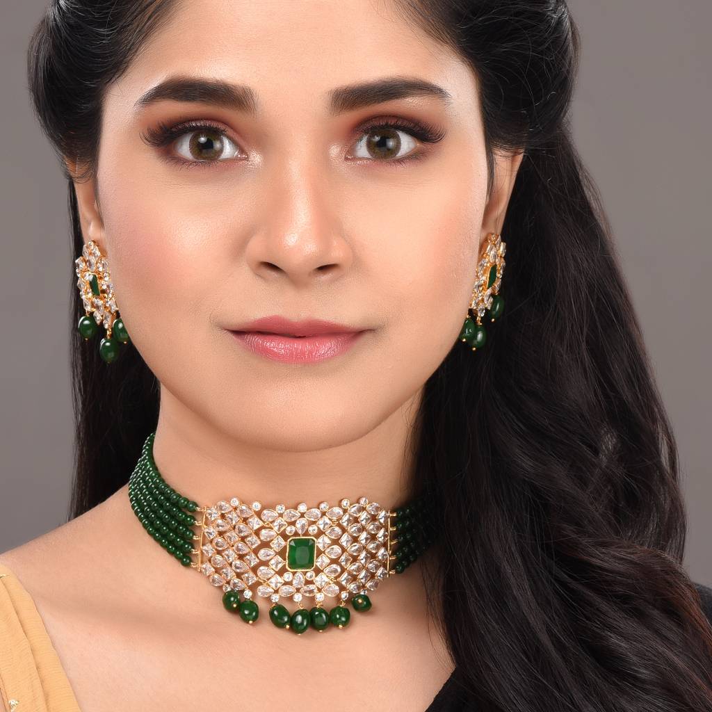 Gold Plated White Polki With Green Beads Traditional Choker Jewellery Set : SJNK1394