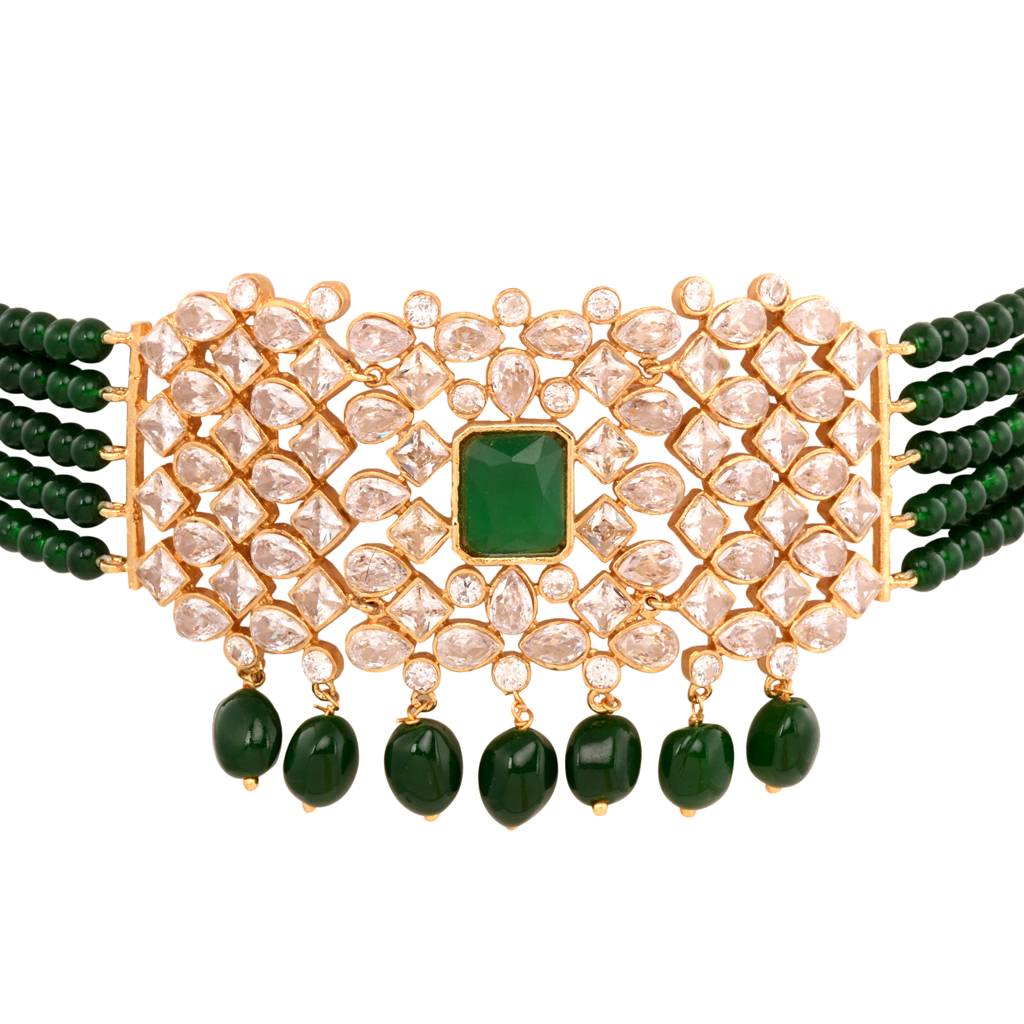 Gold Plated White Polki With Green Beads Traditional Choker Jewellery Set : SJNK1394