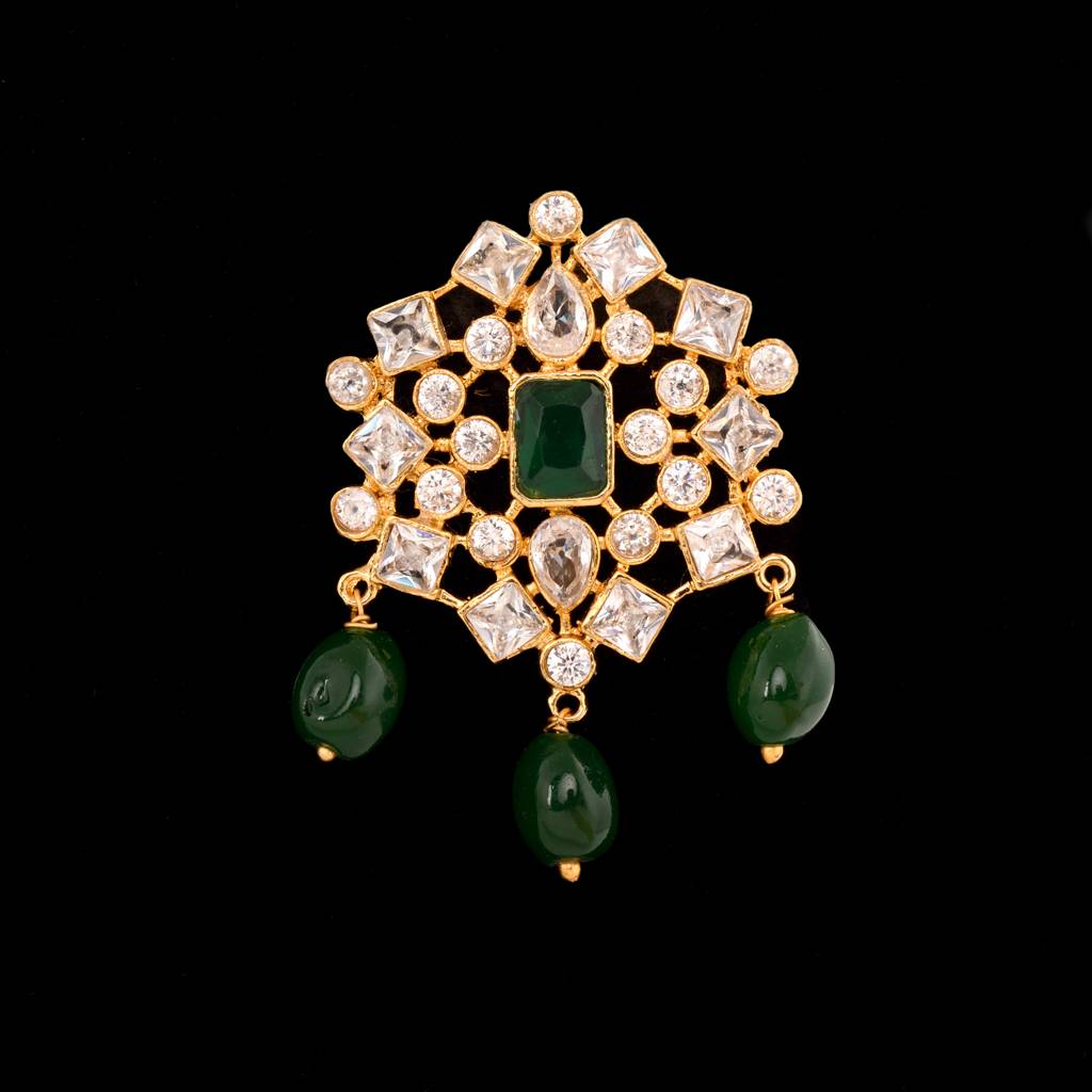 Gold Plated White Polki With Green Beads Traditional Choker Jewellery Set : SJNK1394