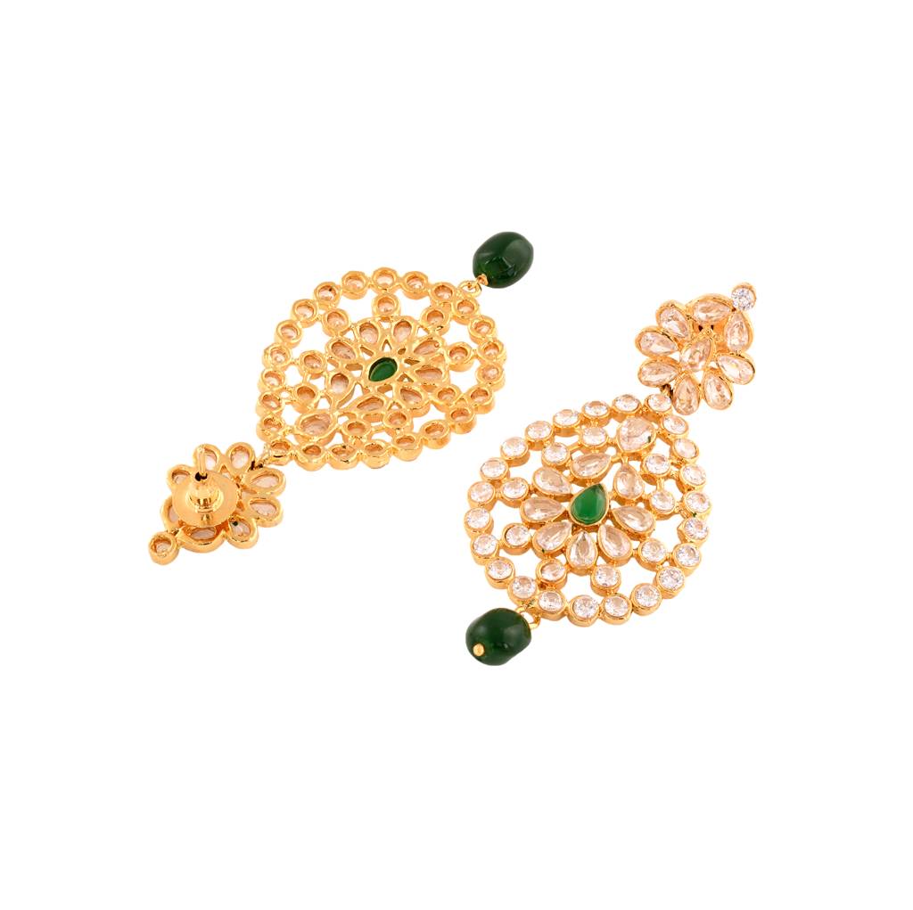 Gold Plated White Polki With Green Beads Long Traditional Jewellery Set With Dropdown Earrings : SJNK1395