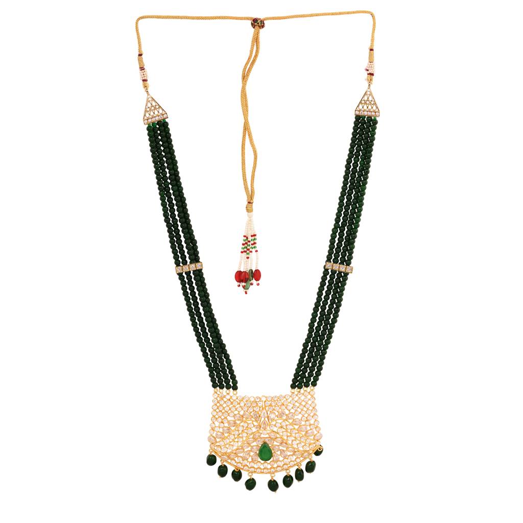 Gold Plated White Polki With Green Beads Long Traditional Jewellery Set With Dropdown Earrings : SJNK1395