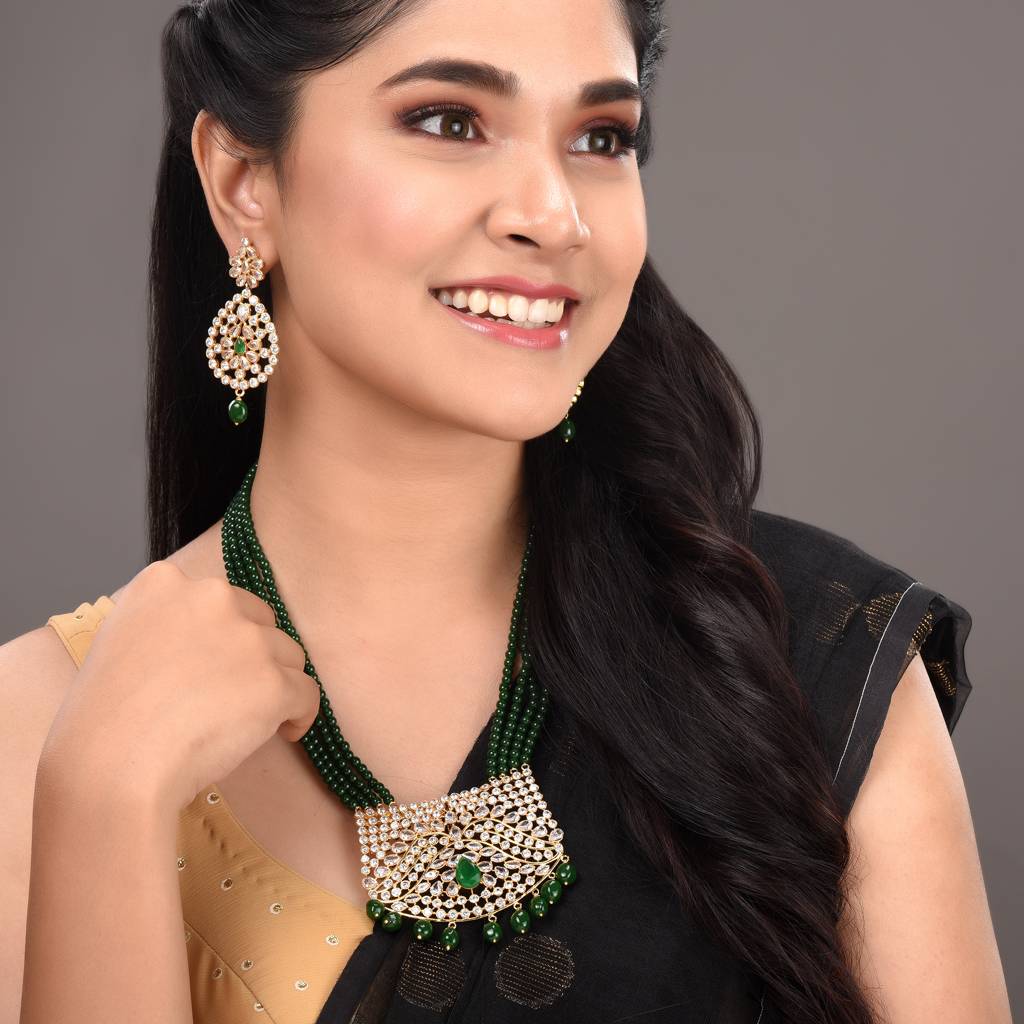 Gold Plated White Polki With Green Beads Long Traditional Jewellery Set With Dropdown Earrings : SJNK1395