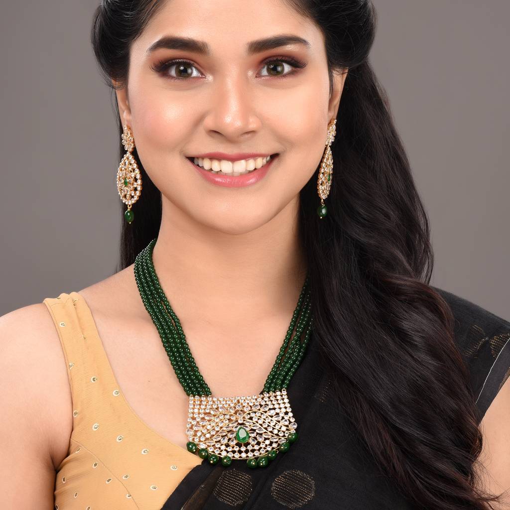 Gold Plated White Polki With Green Beads Long Traditional Jewellery Set With Dropdown Earrings : SJNK1395