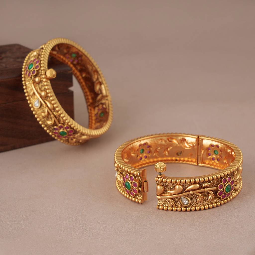 Amazing Antique Gold Broad Kada Stone Bangle Set : SJ071