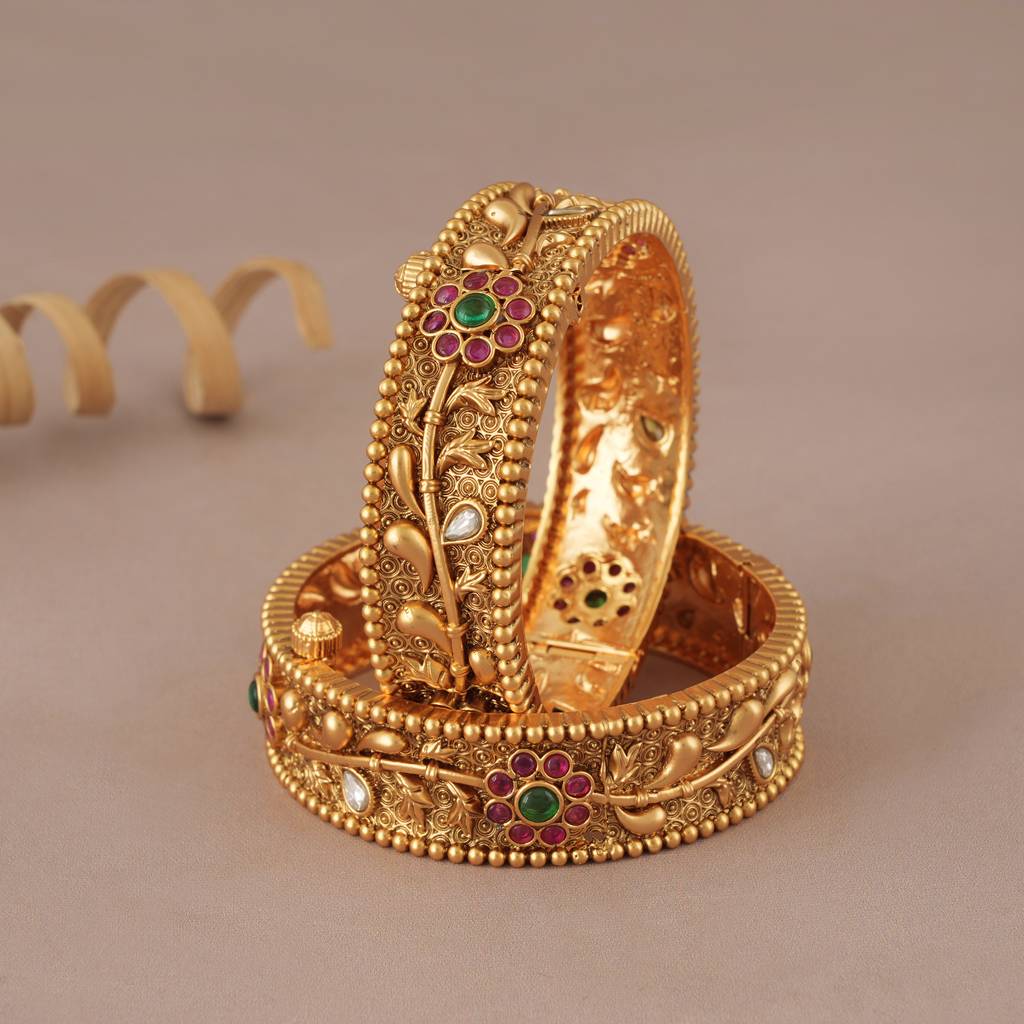 Amazing Antique Gold Broad Kada Stone Bangle Set : SJ071