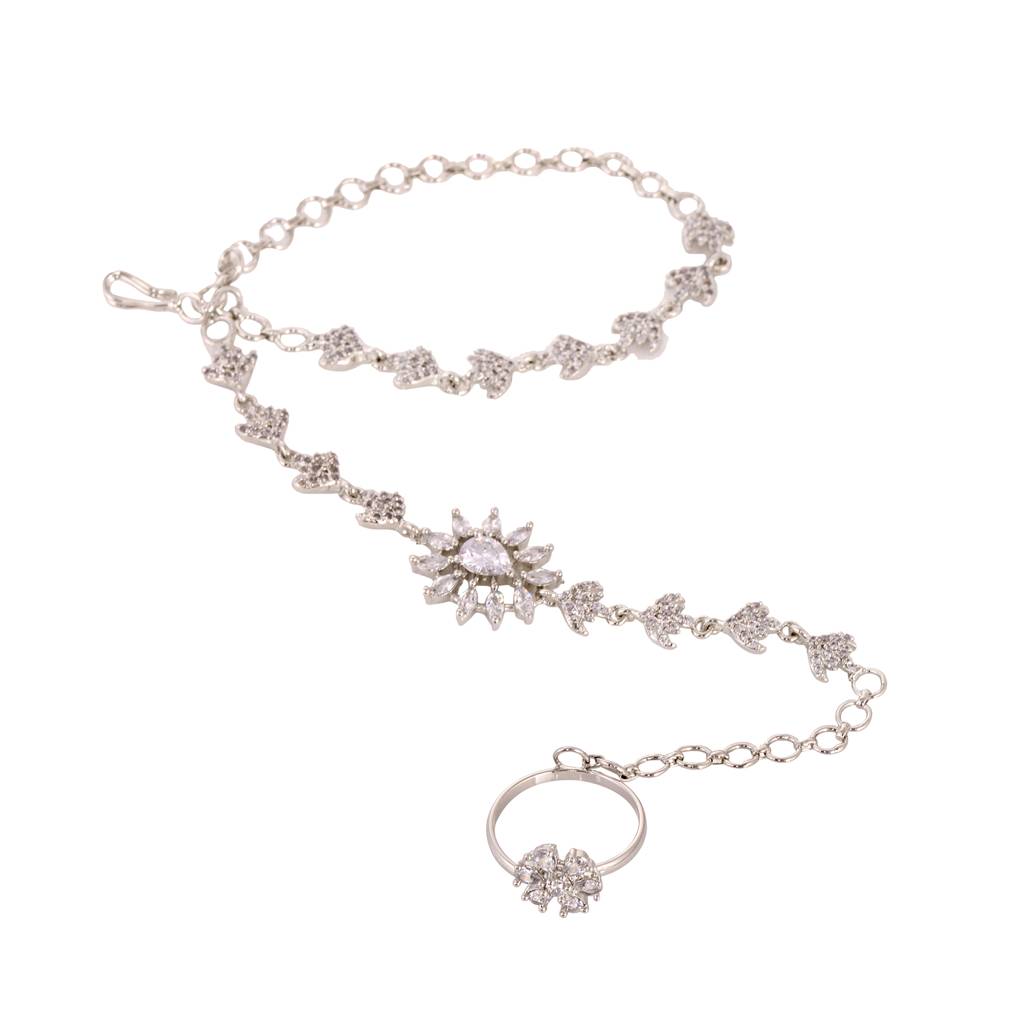 Silver Plated White Ad Studded Modern Wraparound Ring Bracelet : SJBR1398