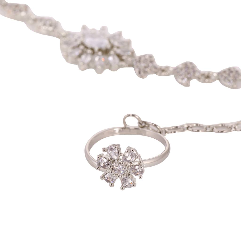 Silver Plated White Ad Studded Modern Wraparound Ring Bracelet : SJBR1398