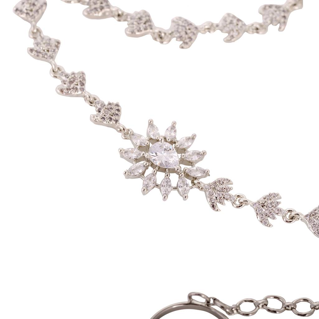 Silver Plated White Ad Studded Modern Wraparound Ring Bracelet : SJBR1398