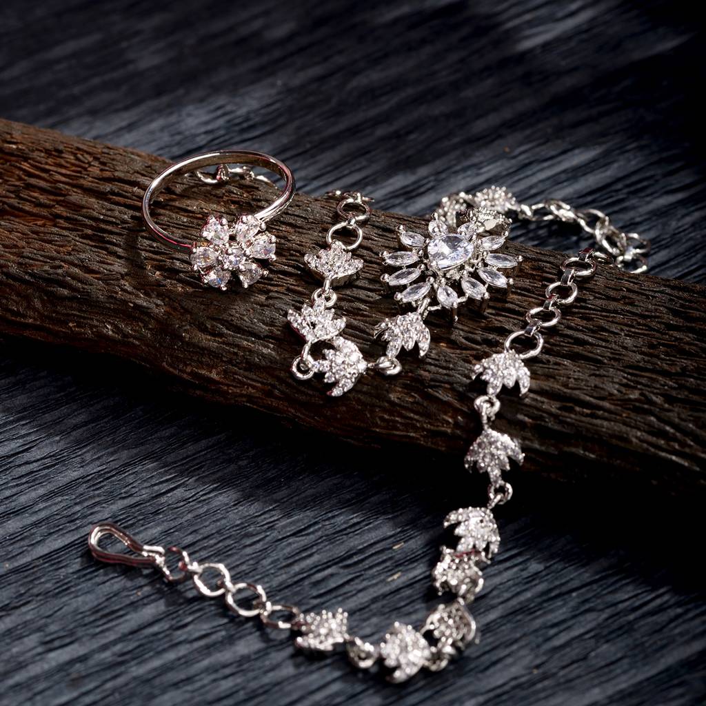 Silver Plated White Ad Studded Modern Wraparound Ring Bracelet : SJBR1398