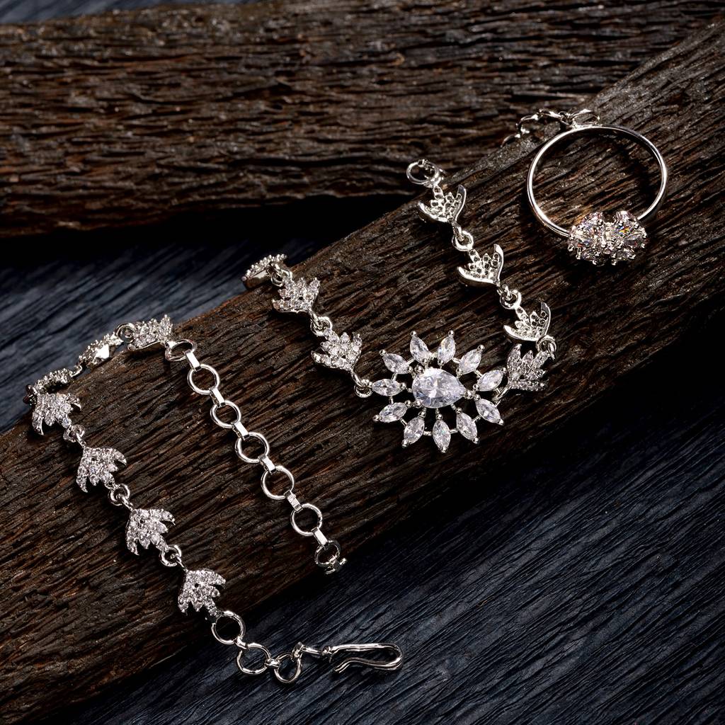 Silver Plated White Ad Studded Modern Wraparound Ring Bracelet : SJBR1398