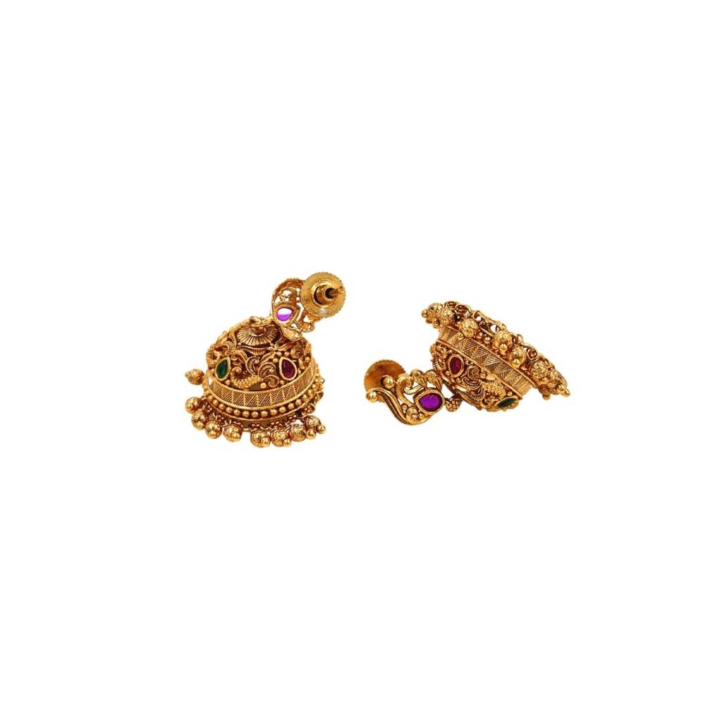 Elegant South Indian Antique Temple Jhumka Earrings With Ruby Stone Accents : R-1301