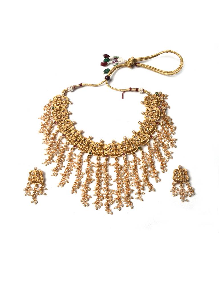 Ethnic Gold Plated Pearl Waterfall Necklace Set Ethnic Gold