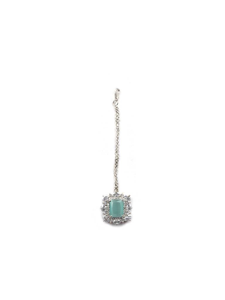 Silver Plated Square Cz Big Pendant Set With Earrings And Maangtika : Pendant03Mint