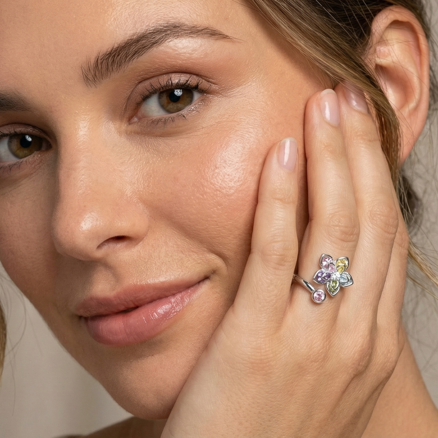 Colorful Floral Silver Plated Ring For Women | Playful Party Wear Jewelry : 2180459041