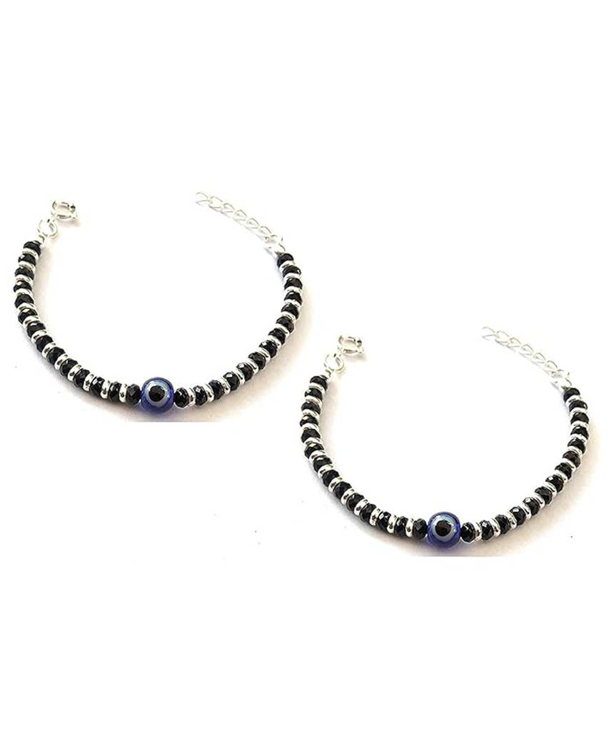 925 Pure Silver Nazariya Bracelets | Silver Evil Eye Beaded Bracelet (Pair Of 2) : BR1053