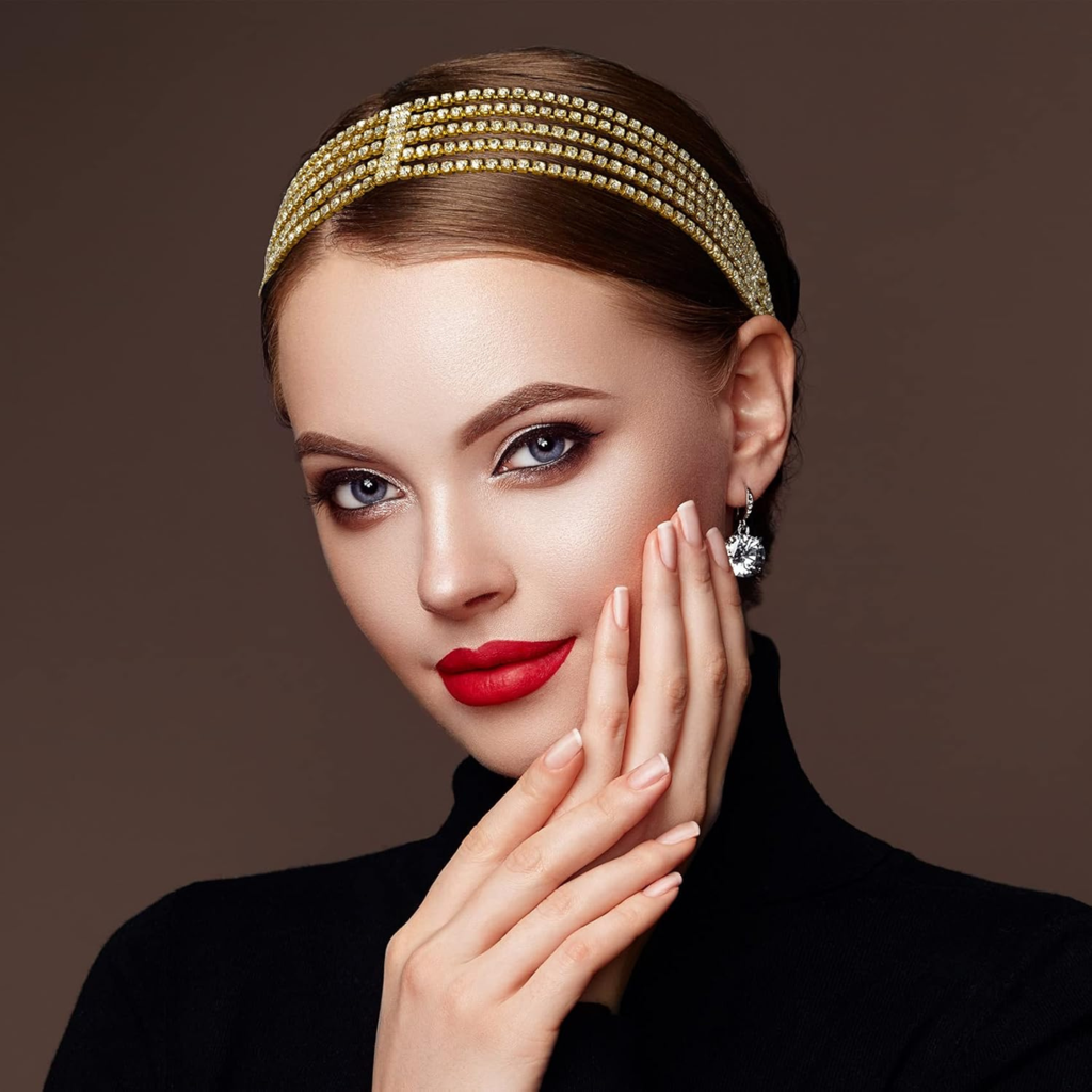 Multi-Layer Rhinestone Headband For Women - 5 Row Crystal Elastic Hair Band - Sparkling Diamond Hair Acce : MRSK-PT-GOLDSILVER