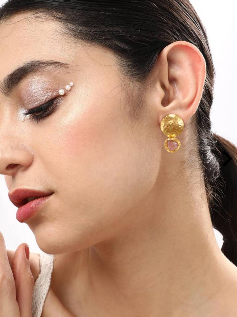 Minimalist Pink Gem Studded Gold Earrings : YI24A0065E