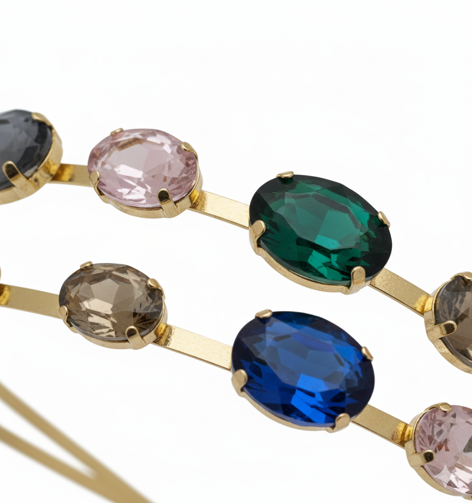 Gold Crystal Rhinestone Double Layer Hairband For Women Elegant Wedding Party Headband With Multicolor Stones : M4SK-A2