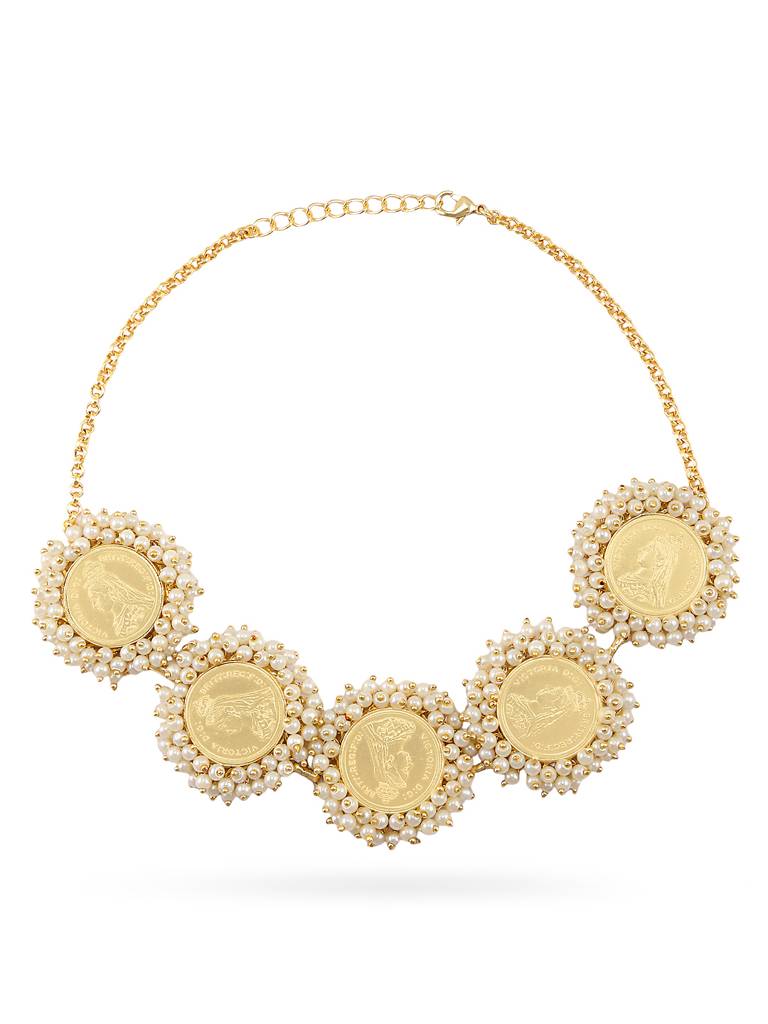 Elegant Pearl Beaded Circular Statement Necklace : YI24A0074N