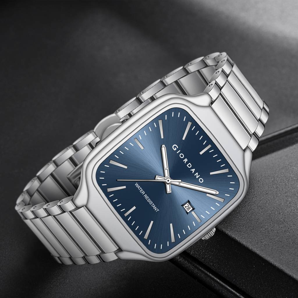 Giordano Analog Watch For Men Â Square Dial, Stainless Steel Strap, Date Display, Water Resistant Classic Dres : GZ-50163-22
