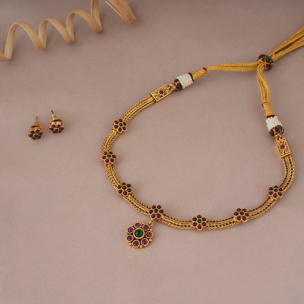 Cute Floral Stone Antique Gold Necklace Set For Women : SJ099