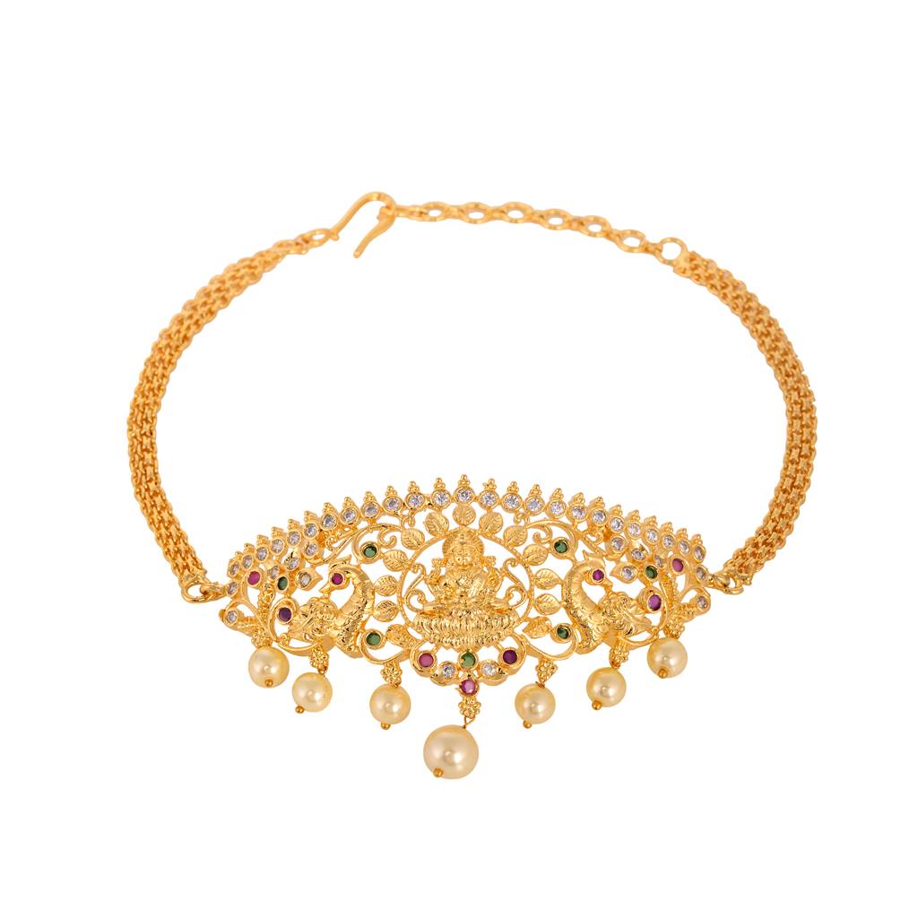 Gold Plated White Ad Studded Goddess Lakshmi Temple Armlet Bracelet : SJBR1406