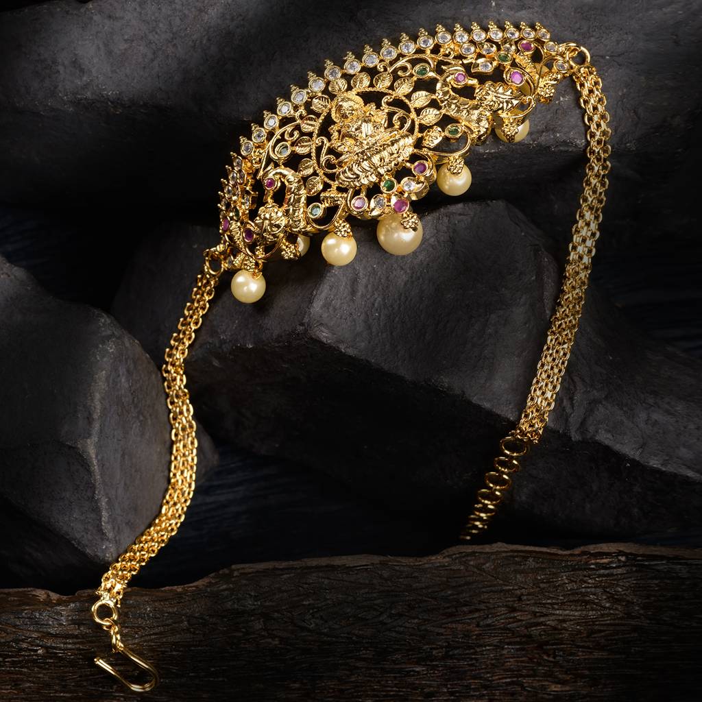 Gold Plated White Ad Studded Goddess Lakshmi Temple Armlet Bracelet : SJBR1406