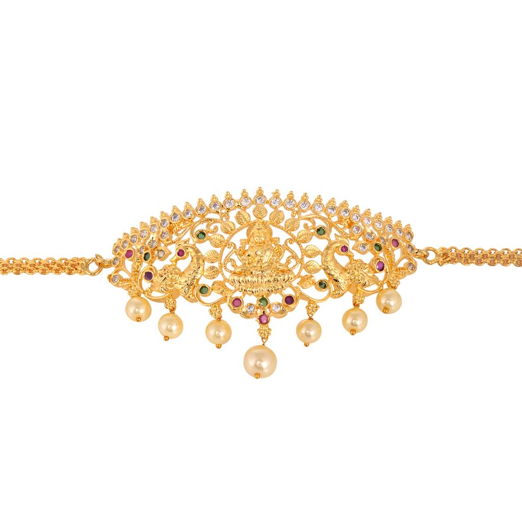 Gold Plated White Ad Studded Goddess Lakshmi Temple Armlet Bracelet : SJBR1406
