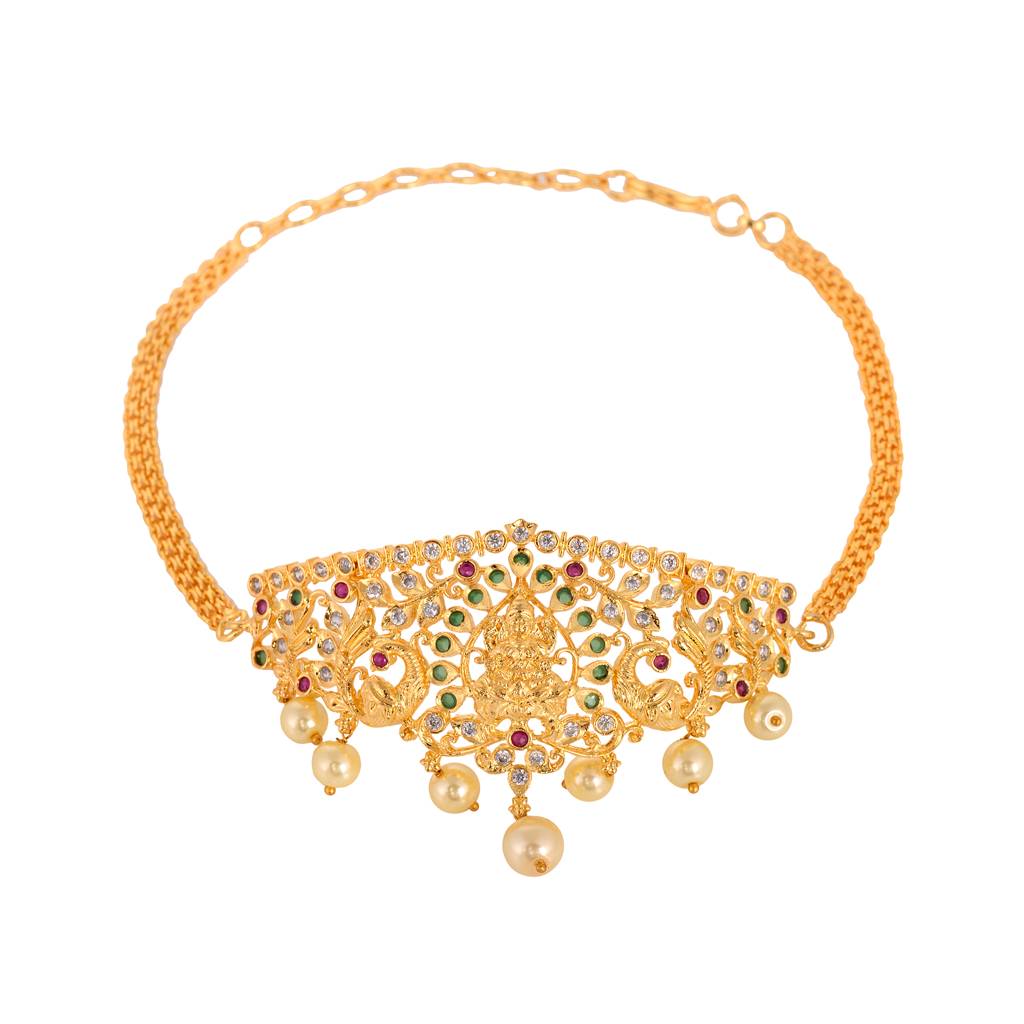 Gold Plated White Ad Studded Temple Motif Armlet Bracelet : SJBR1407
