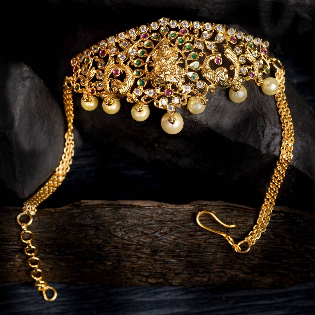Gold Plated White Ad Studded Temple Motif Armlet Bracelet : SJBR1407