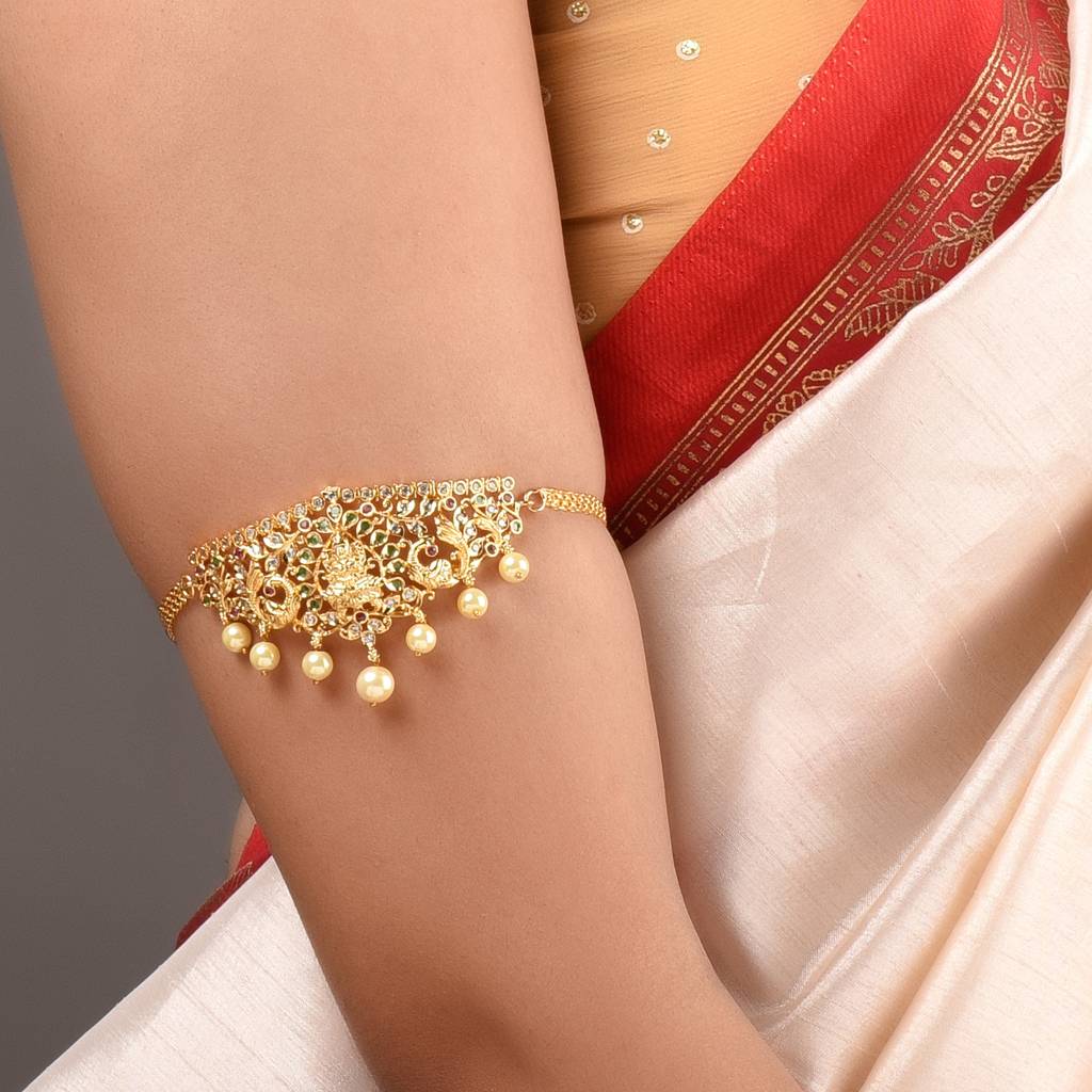 Gold Plated White Ad Studded Temple Motif Armlet Bracelet : SJBR1407