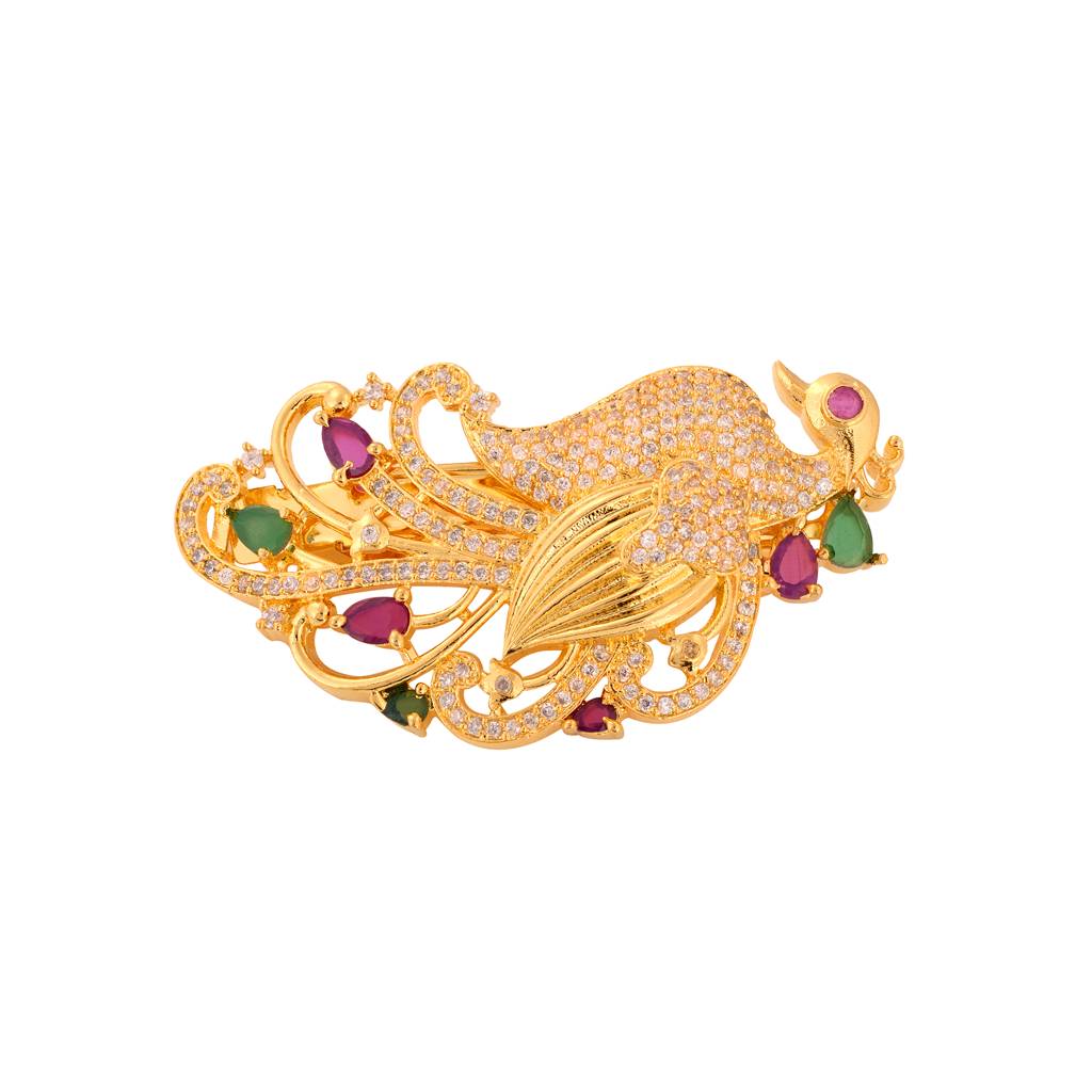 Gold Plated Red & Green Peacock Hair Claw Clip : SJHC1410